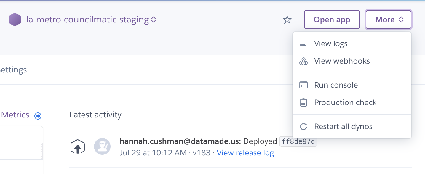 The Run Console link as shown in Heroku